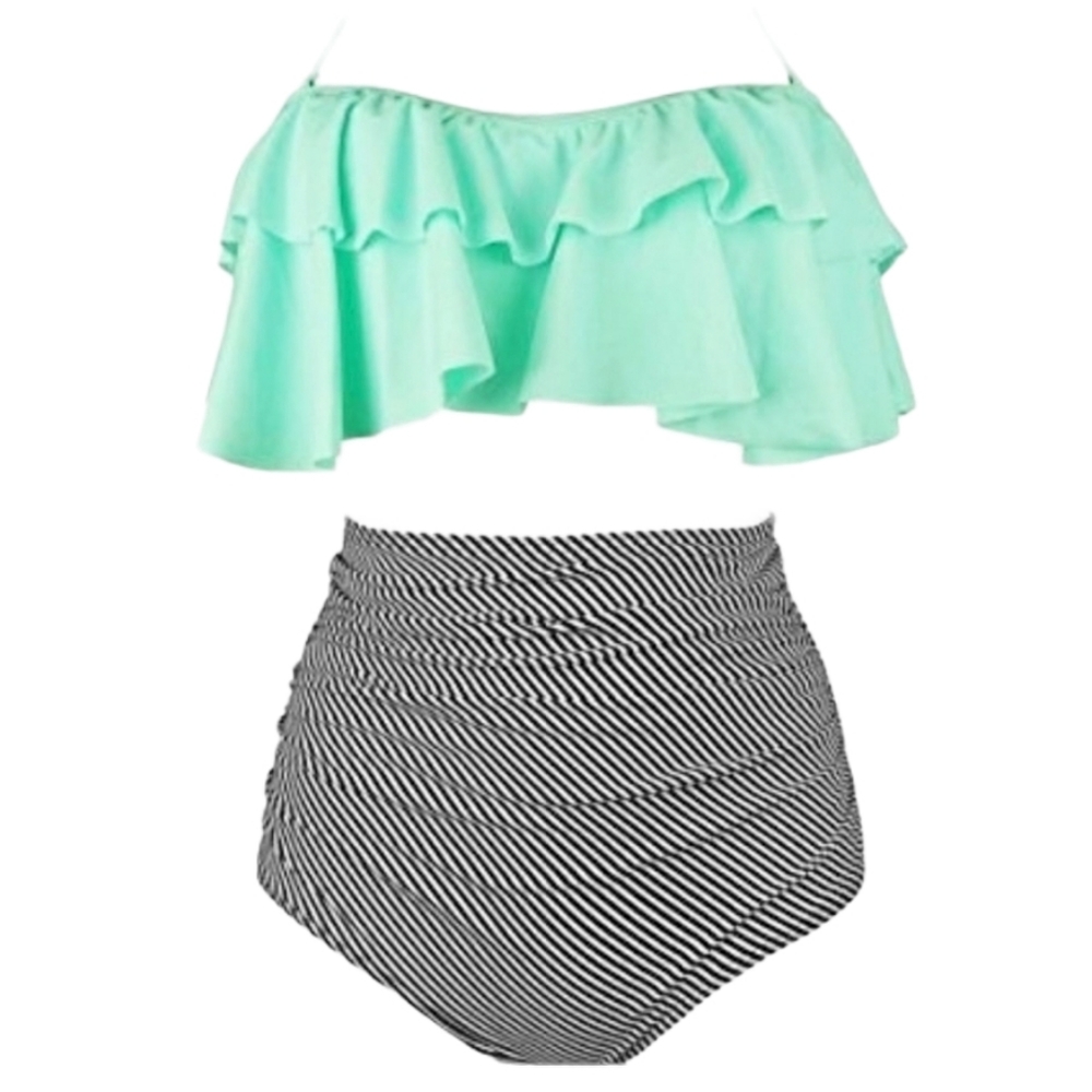 COCOSHIP Mint Green Ruffle Halter Bikini Top EUC sz L